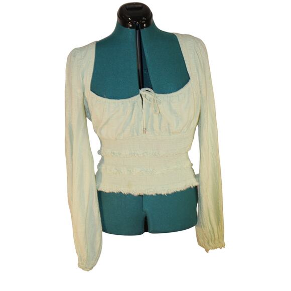 Free People Lolita Top Mint Green Square Neck Smocked Long Sleeve Boho Blouse M - Picture 2 of 4